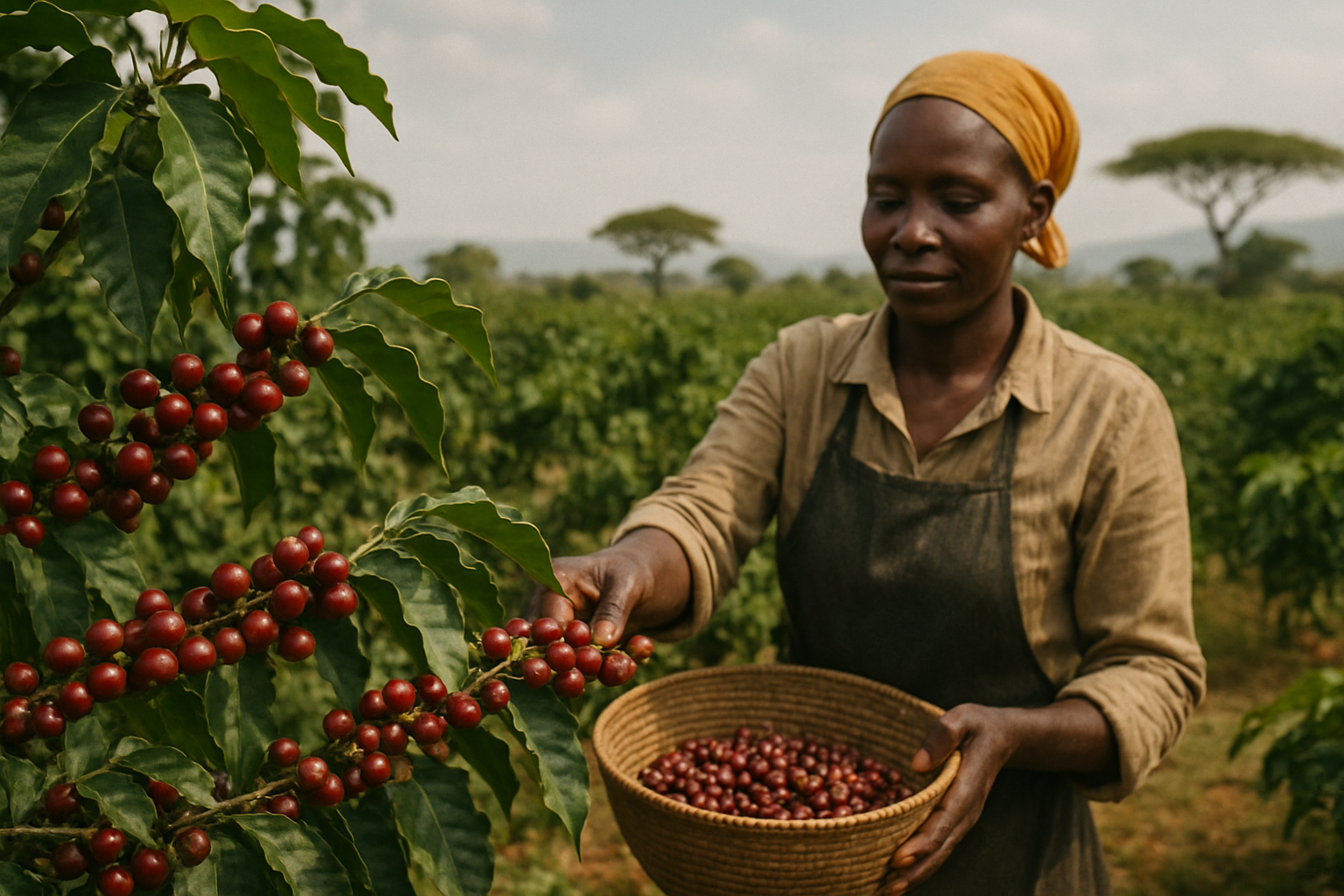 Frau mit Erntekorb auf Kaffeefeld in Afrika