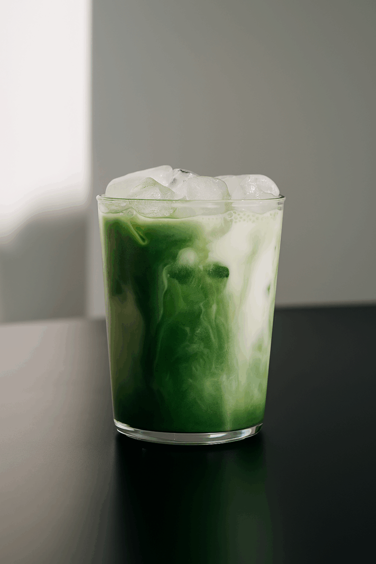Frischer Matcha Latte in Glas mit grünem Schaum